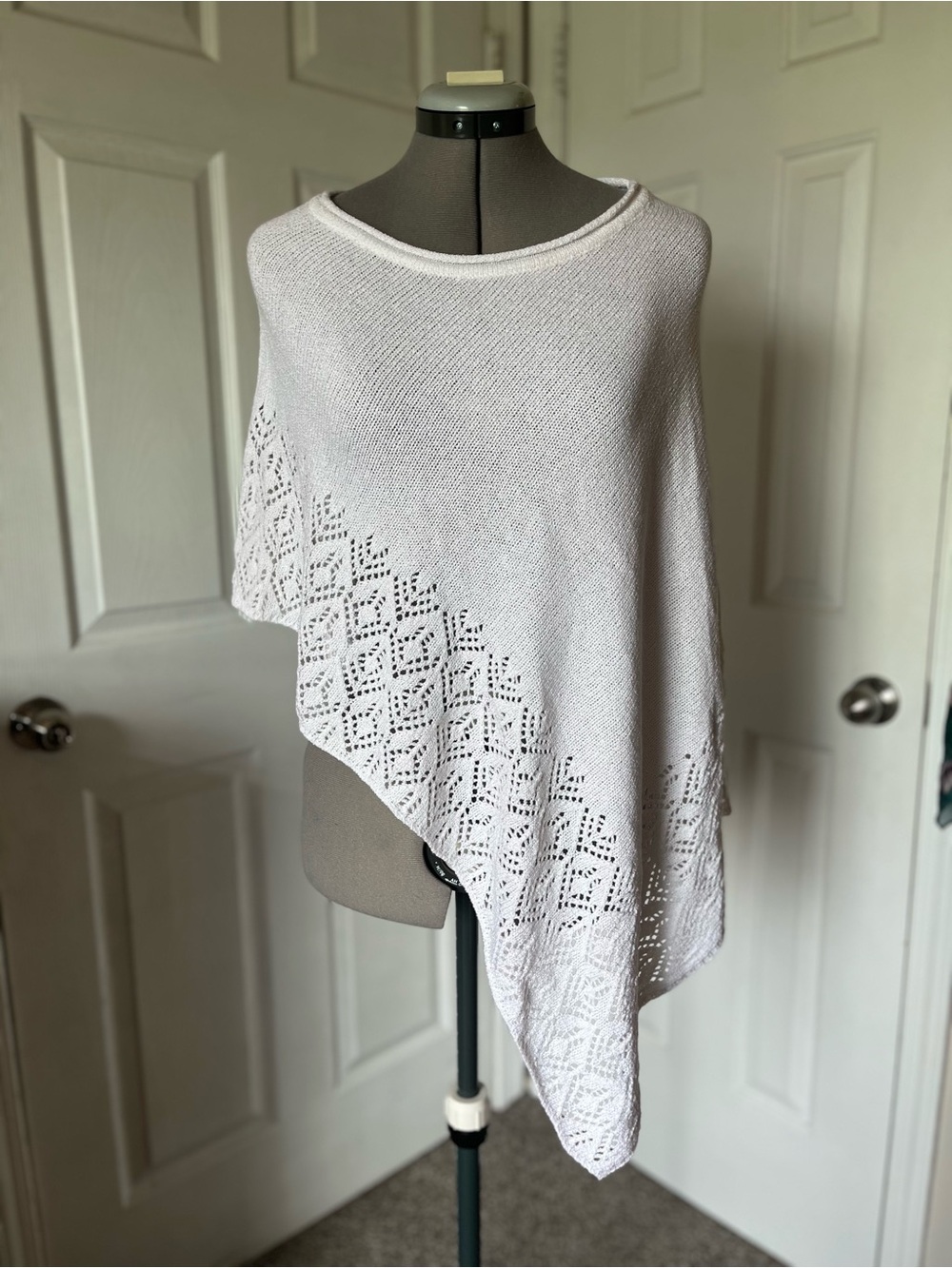 Knit Asymmetric Poncho, White, One Size - Picture 1 of 5